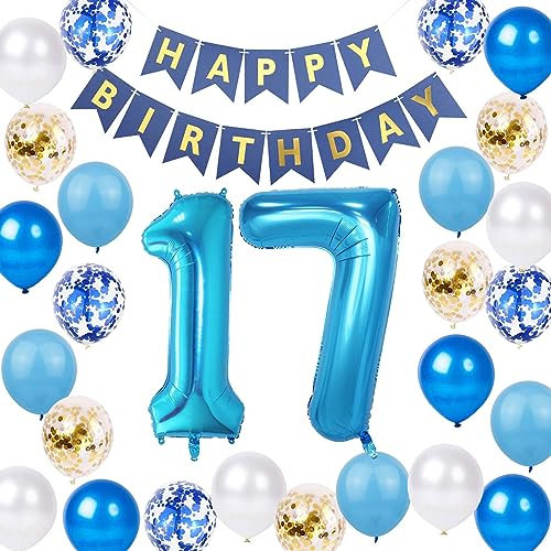 Fechy 17. Geburtstag Dekoration Junge, Geburtstagsdeko 17 Jahre Junge, 17Geburtstag Deko, 17 Ballon Blau Gold Deko, Luftballon 17. Geburtstagparty Dekoration Blau(17.)
