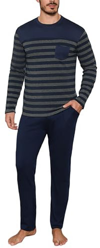 Aseniza Pyjama Homme Hiver Coton Ensembles de Pyjama Chauds à Manches Longues Vêtements de Détente pour Hommes Rayures Bleu Marine L