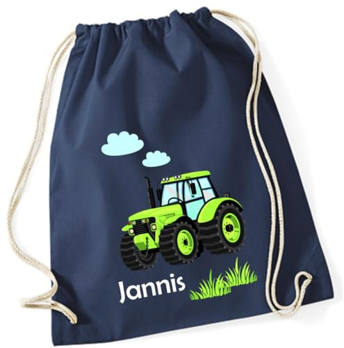 minimutz Turnbeutel Traktor mit Namen personalisiert - Stoffbeutel Jungen Rucksack - Sportbeutel zum Zuziehen - 12L - 37x46cm (dunkelblau)