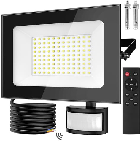 papasbox Foco LED 100W con sensor de luz exterior detector de movimiento | Foco de exterior con mando a distancia | Reflector resistente al agua IP66 blanco frío 6500K para jardín garaje