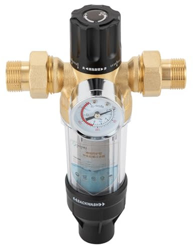 Rückspülfilter mit Manometer, Wasser Vorfilter Sedimentfilter, Spin Down Sediment Wasserfilter, Filterfeinheit 40 μm, Wiederverwendbare (mit 1/2 Adapter) Messing