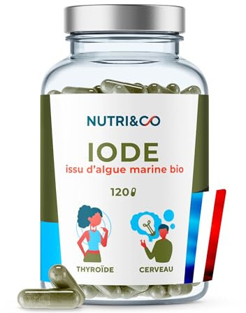 NUTRI & CO Iode Tyroïde Bio - Poudre d'Algue Naturelle Breveté PureSea® - 150µg par gélule - Soutien de la Thyroïde & Fonction Cognitive - 120 gélules Vegan - Fabriqué en France
