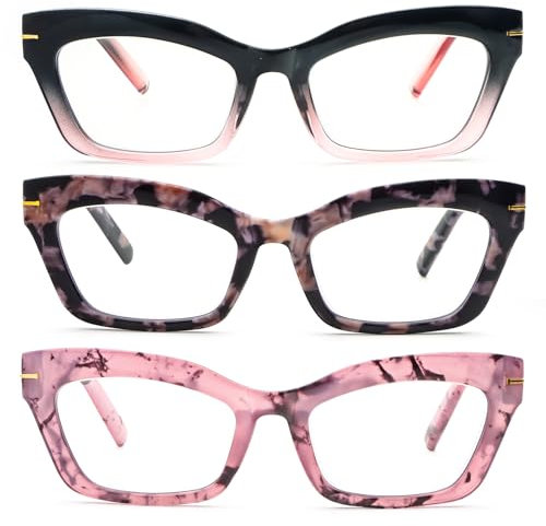 kollyseek 3 Pack Occhiali da Lettura Cateye Donna Retrò anti-blu Comodi e Alla Moda Grande Cat Eye,1.0 1.5 2.0 2.5 3.0 3.5 Nero, rosa, fiore 2.0