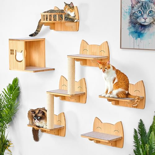 IDAE Cat Wall Shelves Set of 9 – Modern Wall-Mounted Climber with House, Steps & Scratcher – Furniture for Large Indoor Cats – Natural Wood