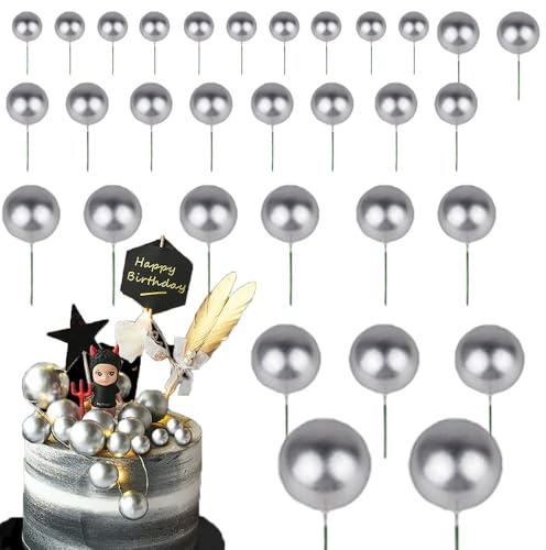 40 Pcs Round Ball Cake Toppers Decorations, Mini DIY Tools Ball Bakeware Decorating Balloons Cake Topper Sticks, Cake Decorations for Wedding Anniversary Birthday Party(Silver)
