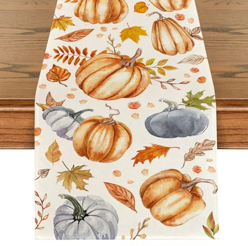 Kürbisse Blätter Herbst Tischläufer Ahornblätter Tischdekoration, Waschbar Saisonnal Küche Esstisch Dekoration für Drinnen Draußen Herbstdeko Thanksgiving Erntedankfest Bauernhaus Dekoration 40x180cm