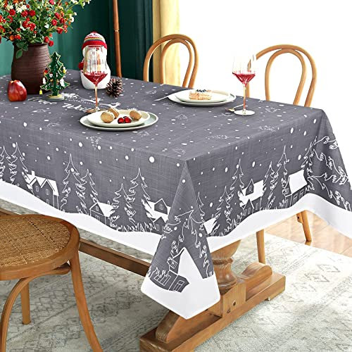 Yrendenge Weihnachtstischdecke Grau Tischdecke Abwaschbar Outdoor Tischtuch Rechteckig wasserdichte, Cartoon Häuser Baum Elch Tablecloth für Winter Ferien Wohnkultur, 152x305 cm