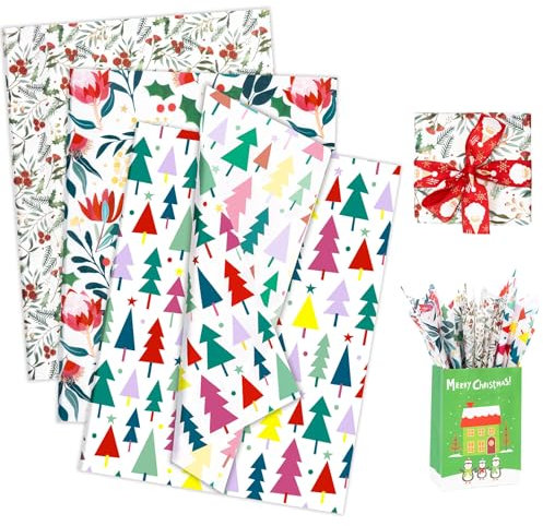 Larcenciel Seidenpapier Weihnachten, 60Blatt Bunt Seidenpapier Verpackungsmaterial zum Verpacken, Weihnachten Geschenkpapier Seidenpapier mit Pflanzliches Muster, Packseide für Neujahr Party, 50×35CM