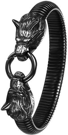 JewelryWe Wikinger Wolf Armband Herren: Schwarz Edelstahl Gegenüber Wolfskopf Chunky Elastisches Armreif Stretcharmband mit Ring Vintage Punk Hip Hop Manschette Viking Amulett Schmuck Geschenk