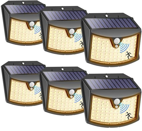 Solarlampen für Außen mit Bewegungsmelder, 3 Modi Garten Solarleuchten IP65 Wasserdicht, LED Solar Strahler für Wand, Garten, Hof, Garage (Warmweiß, 6 Stück)