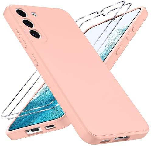 Coiwxmoi Coque pour Samsung Galaxy S22 5G avec 2 Pièces Verre Trempé, Ultra Mince Souple TPU Silicone Liquide Étui Protection Antichoc Anti-Rayures Bumper Housse pour Samsung S22 5G 6,1, Rose