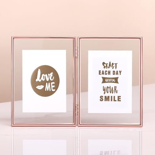 Photo Frames 4x6 Metal Vertical Table, Glass 2 Picture Frame Rose Gold Small Double Folding Frames for Living Room
