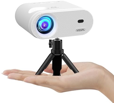 Mini Beamer mit Stativ, VISSPL 18000 Lux Beamer Klein unterstützt Full HD 1080P, 50% Zoom, ±15° Trapezkorrektur, Handy Beamer Kompatibel mit HDMI, USB, AV, iOS, Android, PC, TV-Stick