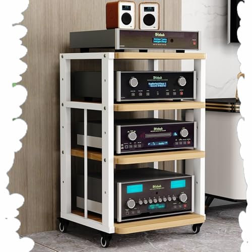IMUNKT HiFi-Rack, AV-Medienständer Mit Rollen, 3/4/5-stufiger Audio-Video-Regal Verstärker Rack, Holz-Stereoschrank, Verstellbare Regale, CD-Player-Ständer Für Heimkino/Büro(White+Walnut,4 Tier)