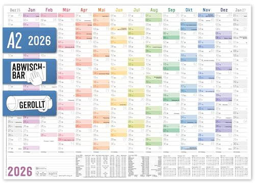 Häfft® abwischbarer Wandkalender 2026 A2 (59,4 x 42 cm) gerollt Rainbow | mit Feiertagen & Ferien, 14 Monate: Dez 2025 - Jan 2027, Wandplaner