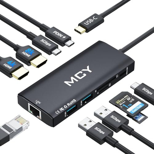 MCY USB C Hub,Laptop Docking Station Dual Monitor Single 8K,2x4K@60Hz,10 in 1 Type-C Multiport Adapter with 2 HDMI,PD100W,Extender Splitter,Card Reader,Ethernet Dock for Mac/Dell/HP/Surface/Steam Deck