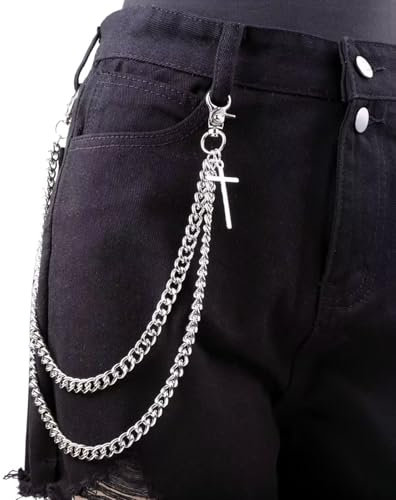 FloralGrace 1 Stück Hosenkette für Herren und Damen Hip Hop Punk Jeanskette Kreuz Jeans Ketten Shorts Ketten Gothic Accessoires Punk Hip Hop Brieftaschenkette Silber