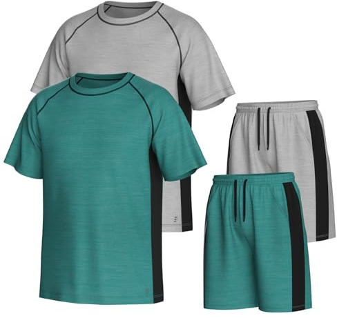 Essenclo Men’s Gym Clothes Set - 4-Pcs Athletic Outfits w/ 2 Workout Shirts & 2 Shorts - Lightweight, Quick-Dry, Breathable (4 Piece Set) - Set-2 - L