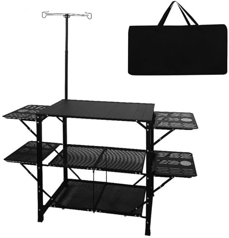 Mesa de camping plegable - Mueble de cocina portátil con marco de aluminio, 3 armarios y 1 panel, ideal para almacenamiento al aire libre, dimensiones 175 x 40 x 110 cm