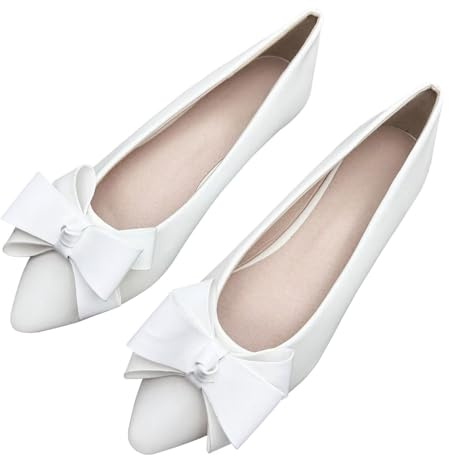 SAILING LU Womens Pointed Toe Ballet Flats Cute Bow-Knot Comfortable Loafers Business Slip On Dressy Walking Shoes, G229-white, 7 UK