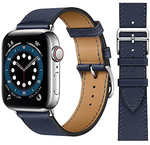 VZEXJIU Correa de Piel Compatible con Apple Watch 38mm 40mm 41mm 42mm(Series 10) Correas de Repuesto de Cuero Genuino para iWatch Ultra 2 Serie 10 9 8 7 6 5 4 3 SE,Azul Marino