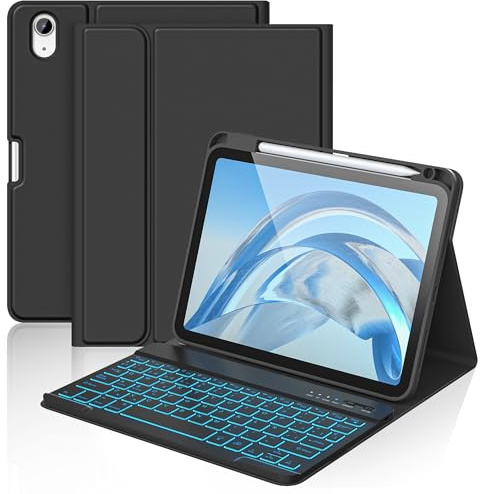 aMZCaSE para iPad A16 10/11th Generation Funda con Teclado 11/10.9 Inch(2025/2022),Funda con Retroiluminado de 7 Colores con Teclado Inalámbrico Desmontable con Soporte para Bolígrafo (Negro)