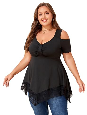 LapaPlus Übergrößen Damen Elegantes V-Neck Schulterfreie T-Shirt Oberteile Tunika Spitze Saum Freizeit Bluse Sommer Tops