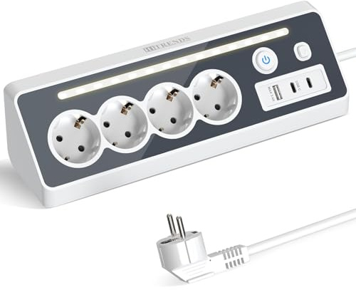 HITRENDS Steckdosenleiste, 4-Fach Ecksteckdose mit USB und 2 Type-C, Tischsteckdose mit 2 Schalter und LED-Nachtlicht (3680W 16A), Verteilersteckdose Überspannungsschutz für Küche, Büro, 1.5M, Weiß