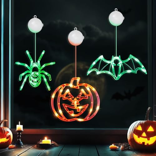 O-Kinee Halloween Deko Fenster mit Saugnapf,3 Stück LED Kürbis,Fledermaus,Spinne Fensterlichter,Lichterkettenfür Halloweendeko Fensterdekoration
