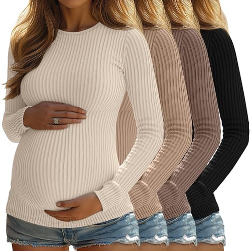 Sweetyweee 4 Pack Womens Ribbed Maternity Shirts Slim Fit Tops L 4Color