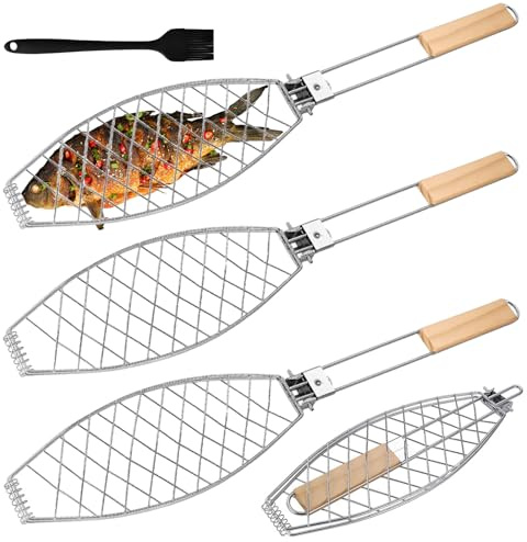 3 x Fischbräter: Edelstahl Fisch Grillhalter mit Holzgriff, 62 x 12 cm Fischgrillgitter, Fischzange zum Grillen, Fischhalter für Grillkorb Fischbräter, Faltbar, Tragbar Fischgrillzange, Silber