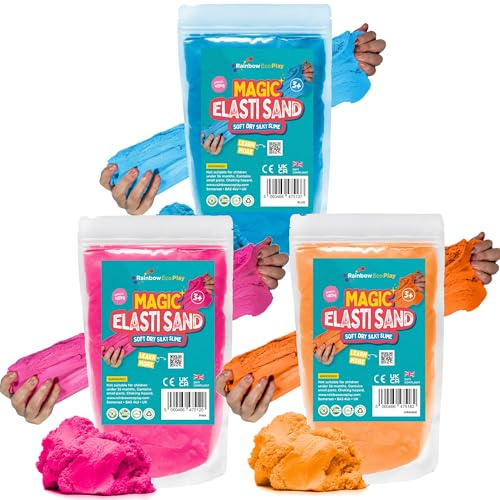 Rainbow Eco Play Magic Elasti Sensory Stretchy Natural Play Sand - 3 x 485g | Soft, stretchy sensory sand that flows like slime without the mess. Made from natural minerals