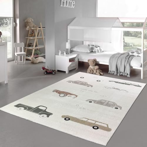 Teppich-Traum Kinderteppich Automotiv Creme Beige 160x230 cm | Autos, Laster und Motorräder, weicher Flor, pflegeleicht, robust, langlebig, schadstofffrei, Kinderzimmer, 14 mm Florhöhe