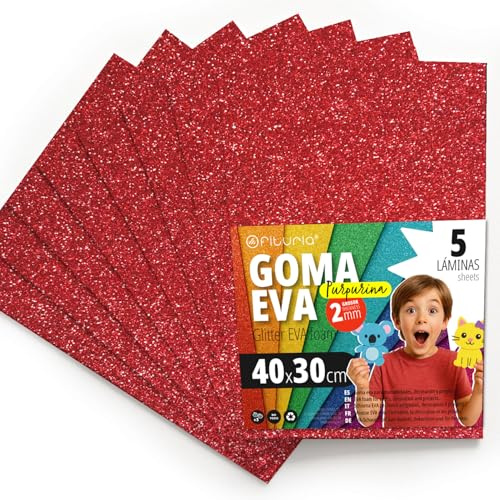 OFITURIA Glitzer-Moosgummi für Bastelarbeiten, Bunter Schaumstoff mit Glitzer für DIY, kreative Projekte, Kunst und Schule 40x30cm (Rot, 5 Stk)