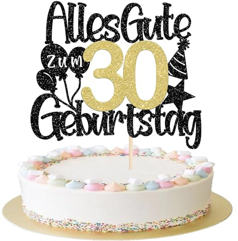 1 Stück 30th Geburtstag Tortendeko Alles Gute zum 30 Geburtstag Kuchen Deko Happy Birthday Cake Topper Luftballon Hut Muster Kuchendeko für 30th Jahrestag Party Kuchen Dekoration Schwarz Gold