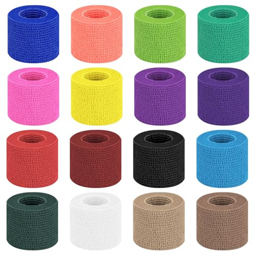 BUTBU Självhäftande plåster, 16 rullar 5 cm x 4,5 m, elastiskt plåster, fixeringsplåster för sport, handled, veterinärbandage, katt, hund, häst, damm, fett (16 färger)