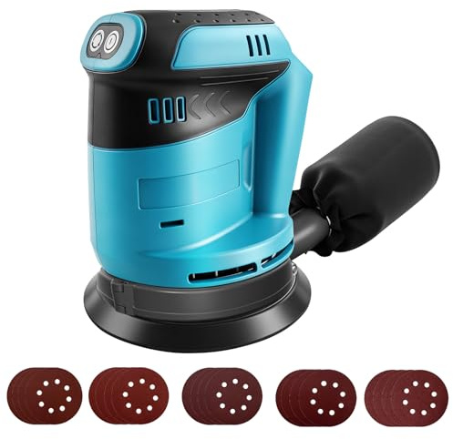 Ponceuse Excentrique pour Makita 18V Batterie, 125 mm Ponceuse Orbitale aléatoire sans fil, 3 vitesses 7000-11000pm avec récipient de capture de poussière et 20 papier de verre (San Batteries)