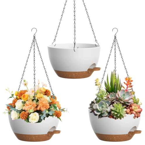 Lot de 3 Pots Suspendus pour Plantes d'Intérieur, 25 cm Jardinières Suspendues avec Soucoupe et Trous de Drainage, Pots de Fleurs Suspendus pour Balcon, Salon, Jardin, Intérieur et Extérieur, Blanc