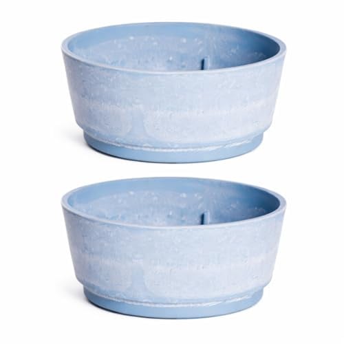 Garden Gear Caesar Sky Blue Marble Effect Planter Plant Pot Frost Resistant Indoor Outdoor Decorative Bowl & Tall Planters with Drainage (Bowl 34.5cm x2)