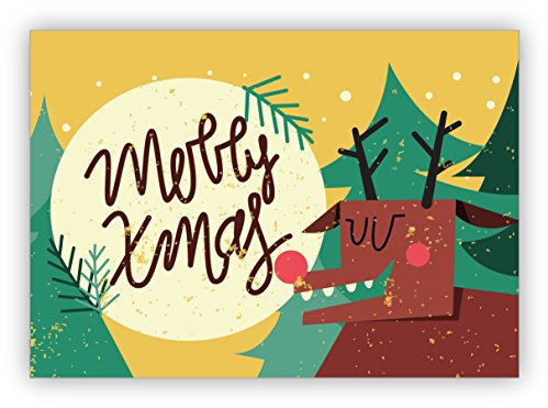 Kartenkaufrausch Lustige Retro Weihnachtskarte mit Umschlag zum Weihnachtsfest mit Hirsch: Merry Xmas • als edler Weihnachtsgruß zu Neujahr, Silvester für Familie und Firma