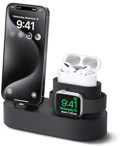 elago Supporto di Ricarica 3 in 1 Compatibile con Apple Products, Apple Watch Serie 10/9/8/7/6/5/4/6/5/4/3/2/1/SE 2/SE, AirPods 3/2/1 e Tutte le Serie iPhone [Cavi originali richiesti] (Nero)