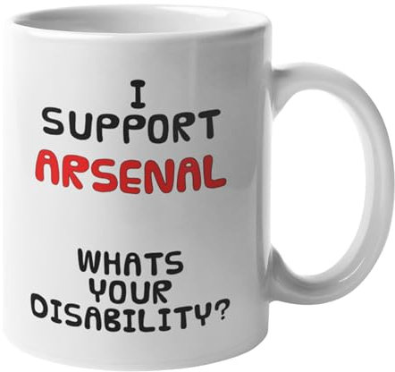 Funny Arsenal Football Mug 11oz – I Support Arsenal, What’s Your Disability? Joke Gift for Gunners Fans, Ceramic Coffee Cup, Dishwasher Safe, Ideal for Home or Office