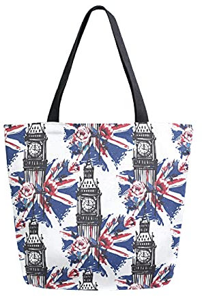 HaJie Leinen-Einkaufstasche London Rose Union Jack Big Ben Heavy Duty Süße Einkaufstasche für Damen Herren Schule Canvas Schulter Bücher Tasche