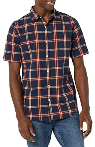 Amazon Essentials Men's Short-Sleeve Stretch Poplin Shirt (Available in Big & Tall), Navy Red Plaid, S