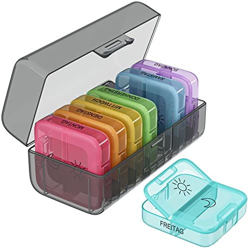 WELLGRO Tablettenbox 7 Tage 2 Fächer schwarz – Pillenbox mit großen Fächern, entnehmbare Tagesboxen, Medikamenten Organizer für Reise & Zuhause
