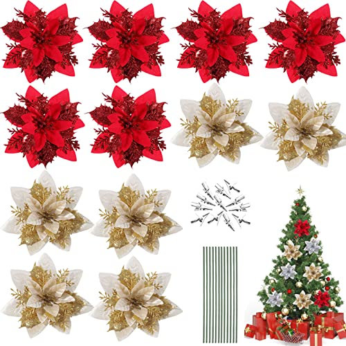 Qunkun 12 Stück Weihnachten Glitzer Weihnachtsstern Künstliche Blumen, Weihnachtsstern Deko Blumen, Weihnachtsblumen, Christbaumschmuck, Weihnachten Blumen mit 12Pcs Vorbauten und Clips