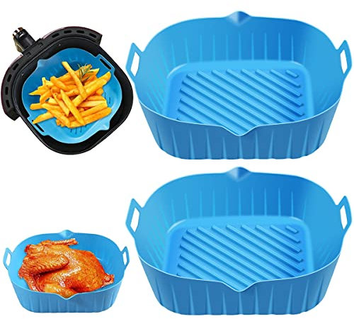 2Pcs Square Silicone Air Fryer Liners with Handle, 7inch Food-Grade Silicone Air Fryers Basket Reusable Heat Resistant Air Fryer Pot Replacement of Parchment Paper Liners for Air Fryer Oven Microwave