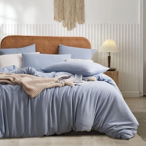 Luowei Bettwäsche 135x200 cm Baumwolle Blau Hellblau Bettbezug 2teilig 100% Gewaschene Baumwolle Bequem Atmungsaktiv Oeko-TEX Zertifiziert Bettwäsche Set mit Reißverschluss und Kissenbezug 80x80 cm