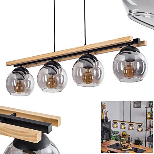 Hängeleuchte Podre, moderne Pendelleuchte aus Metall/Holz/Glas in Schwarz/Natur/Rauchfarben, Hängelampe 4-flammig mit Schirm aus Echtglas (15 cm) und Holzstab, Höhe max. 129 cm, E27, ohne Leuchtmittel
