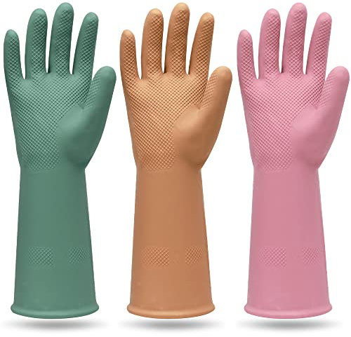 MAMISON 3 pares de guantes de goma coloridos reutilizables impermeables para el hogar, para limpieza de lavavajillas, guantes de cocina antideslizantes (mediano)